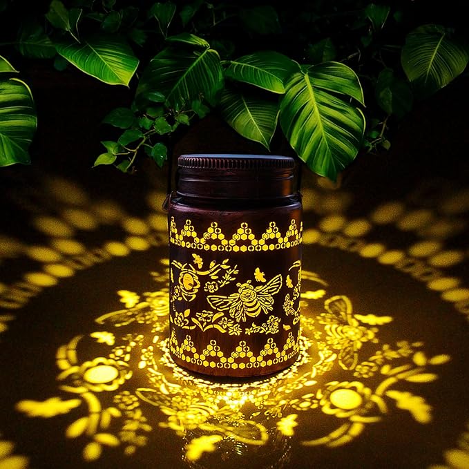 Bee Solar Lanterns 2pack Outdoor Waterproof Hanging Solar Lights Bee Gifts for Women Men Metal Decorative LED Lanterns for Yard, Patio, Lawn, Tabletop, Pathway, Landscape, Garden Decor(Bee 2pack)