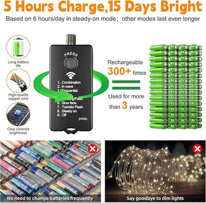 HXWEIYE Rechargeable Fairy Lights with Remote, 2 Pack 33ft 100LED Twinkle Lights with DIY Timer & Light Sensor, Waterproof Outdoor String Lights for Bedroom Patio Christmas Tree Decor, Warm White