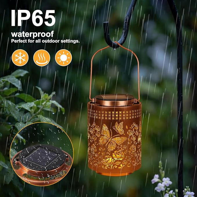Solar Lanterns Outdoor Waterproof Butterfly Garden Decor Gifts for Women Mom Grandma, Hanging Solar Lights Metal Garden Decoration Outside for Yard, Patio, Backyard, Porch for Gift Card Box Packaging