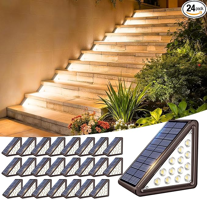 Brown Solar Step Light Outdoor Stair Lights, Deck Lights Outdoor Powered IP65 Waterproof, 3000K Warm White Solar Outdoor Step Light, Decor for Stair, Deck, Step,Porch and Outside Patio,24 Pack