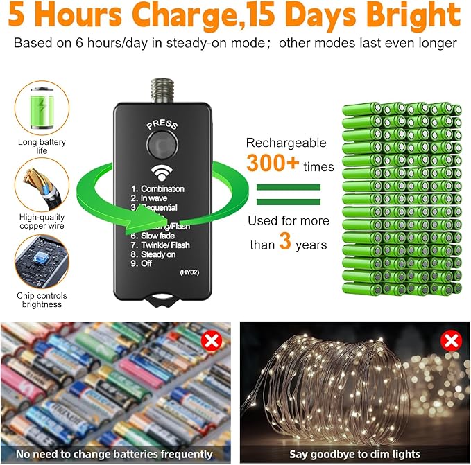 HXWEIYE Rechargeable Fairy Lights with Remote, 2 Pack 33ft 100LED Twinkle Lights with DIY Timer & Light Sensor, Waterproof Outdoor String Lights for Bedroom Patio Christmas Tree Decor, Multicolor