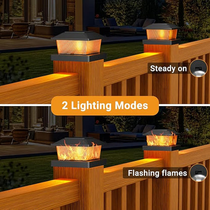btfarm 4x4 Solar Flame Post Cap Lights Outdoor, 4 Pack Flickering Flame Fence Deck Post Lights, Waterproof Solar Powered Lighting Outside Fit 4x4 3.5x3.5 Wooden/Vinyl for Porch Patio Garden, Black Cap