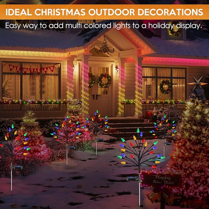 Solar Christmas Lights Outdoor Waterproof, Solar Powered Xmas Stake Lights Decorations with 20 Colored Strawberries and 2 Modes for Outside, Pathway, Yard, Walkway, Lawn, Grave, Holiday Decor(2 Pack)