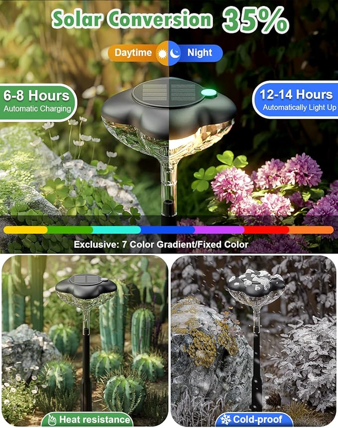 SFV 6 Pack Solar Pathway Lights Outdoor, Multicolor & Warm White Mode, Four-Leaf Clover, IP65 Waterproof, Auto On/Off, 1000mAh Landscape Lighting for Garden Yard Lawn Landscape
