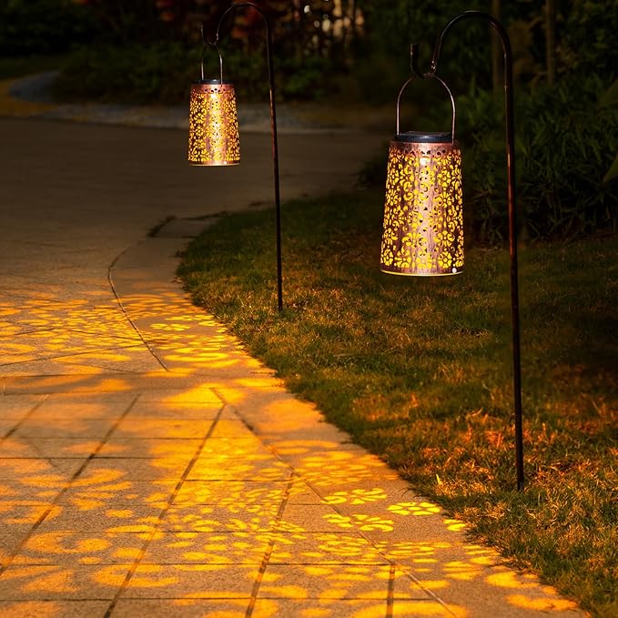 Solar Lanterns Outdoor Hanging, 2 Pack - Metal Waterproof Solar Lights Outdoor Decorations for Patio Table Lamps, Durable, Beautiful Lighting for Garden Lawn, Pathway, Tree, Wall, and Tabletop