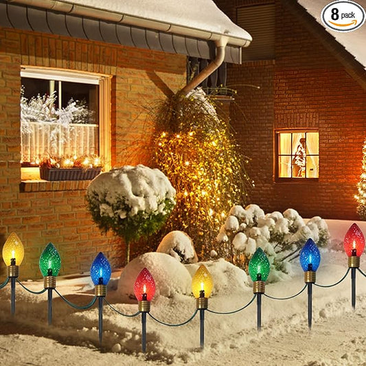 2 Pack Jumbo Christmas Pathway Lights Outdoor, Total 14FT 8Pcs Multicolor Diamond Connectable Plug in Walkway Lights for Driveway, Fence, Yard Holiday Decor, Green Wire