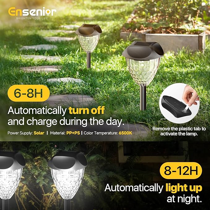 Ensenior 8-Pack Solar Lights Outdoor, Auto ON/Off 6500K LED Solar Garden Lights for Pathway, Yard, Patio, Walkway, Planter, Waterproof, Energy-Efficient Landscape Lighting