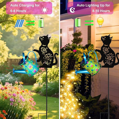 Black Cat Solar Watering Can Lights, Birthday Gifts for Women Mom Christmas Mother's Day, Yard Decorations Outdoor Waterproof, Blue Metal Hanging Lantern, Solar Lights Garden Decor Patio Pathway