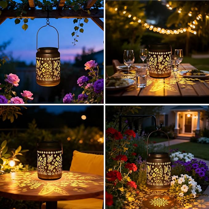Lyeasw Garden Decor Butterfly Solar Lanterns Waterproof, Christmas Garden Gifts for Women Mom Grandma, Hanging Solar Lights for Outside, Metal Outdoor Decorations for Patio, Yard, Pathway(Bronze)
