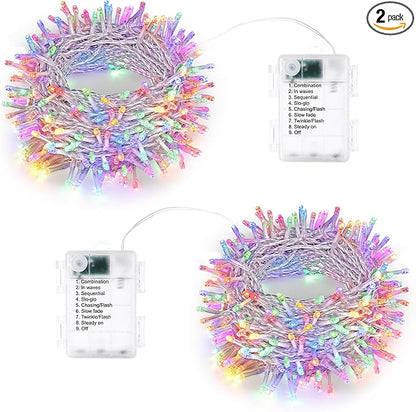 Lomotech Battery Operated Christmas Lights - 2 Pack Total 33ft 100LEDs String Lights 8 Modes Waterproof with Timer for Home, Garden, Party, Holiday, Tree Decoration (Clear Wire, Multicolor)