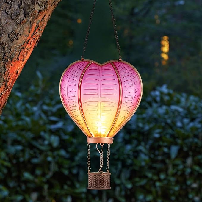TERESA'S COLLECTIONS Valentine's Day Hot Air Balloon Solar Lantern Party Decorations, Outdoor Decor for Garden Flickering Flame Hanging Solar Lights Heart-Shaped Lantern for Anniversary Wedding Decor