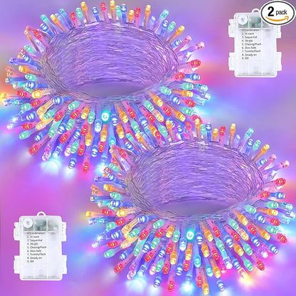 2 Pack Christmas String Lights Battery Operated with Timer, 66FT 200 LED Waterproof Twinkle Lights, 8 Modes Fairy Light for Indoor and Outdoor Bedroom Garland Tree Christmas Decorations (Multicolor)