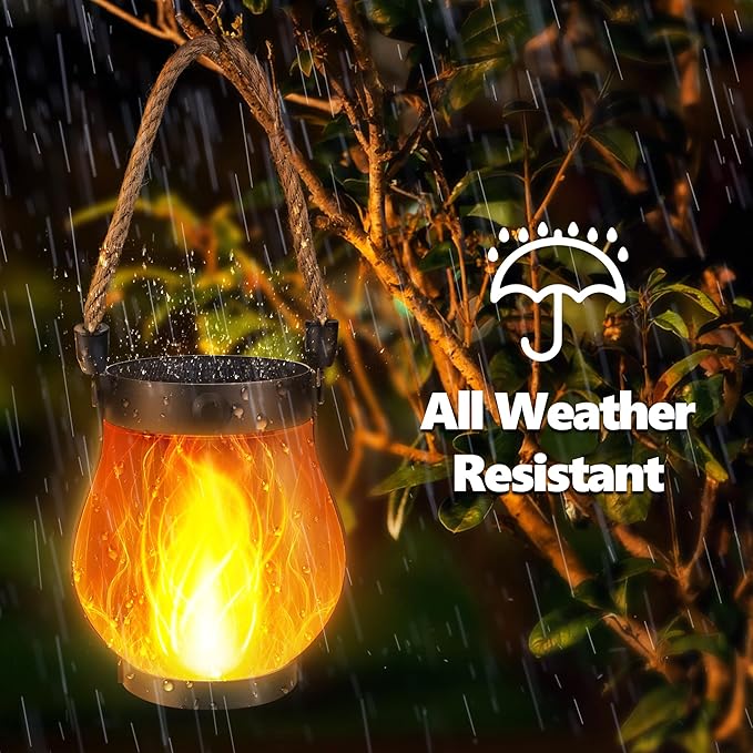 Solar Flame Lantern Hanging Outdoor Waterproof - 2 Pack Flame Lanterns with Dual Charging Modes of Solar & USB for Garden or Yard Christmas Decorations (Warm White - 2 Pack)