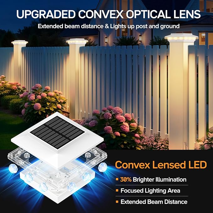 6 Pack 4x4 Solar Post Cap Lights Upgraded, Brighter and Extended Beam to Light Post Fence Deck with Warm/White Lights, Waterproof Outdoor Posts Solar Lights for Patio Porch Vinyl/Wooden Posts