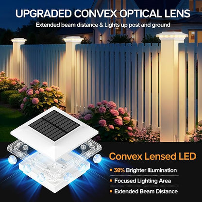 4x4 Solar Post Cap Lights Upgraded, Brighter and Extended Beam to Light Post Fence Deck with Warm/White Lights, Waterproof Outdoor Posts Solar Lights for Patio Porch Vinyl/Wooden Posts 8 Pack