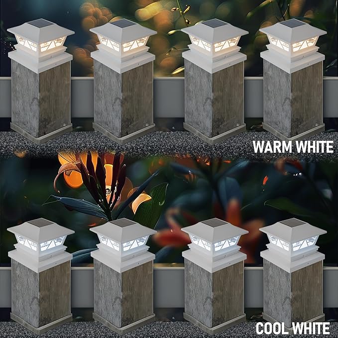 TW SHINE 8 Pack Solar Outdoor Fence Post Lights, 2 Modes Post Cap Lights Waterproof Warm White/Cool White for Yard, Garden, Porch, Patio Decor, for 4x4 5x5 6x6 Wood Posts, White
