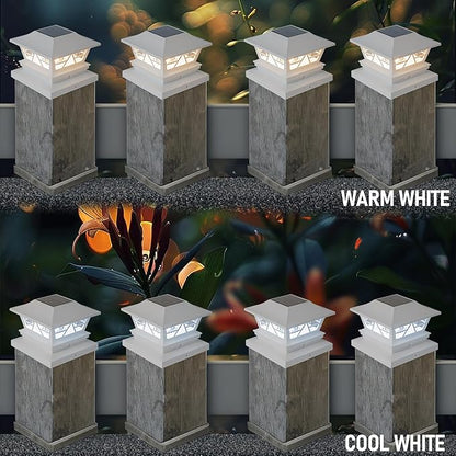 TW SHINE 8 Pack Solar Outdoor Fence Post Lights, 2 Modes Post Cap Lights Waterproof Warm White/Cool White for Yard, Garden, Porch, Patio Decor, for 4x4 5x5 6x6 Wood Posts, White