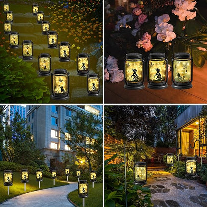 2 Pack Outdoor Hanging Solar Lantern, Cat & Dog Butterfly Vintage Glass Mason Jar, Birthday Mothers Day Gifts for Mom, Grandma, Women, Waterproof Garden Lights for Patio Yard Lawn Tree Decor