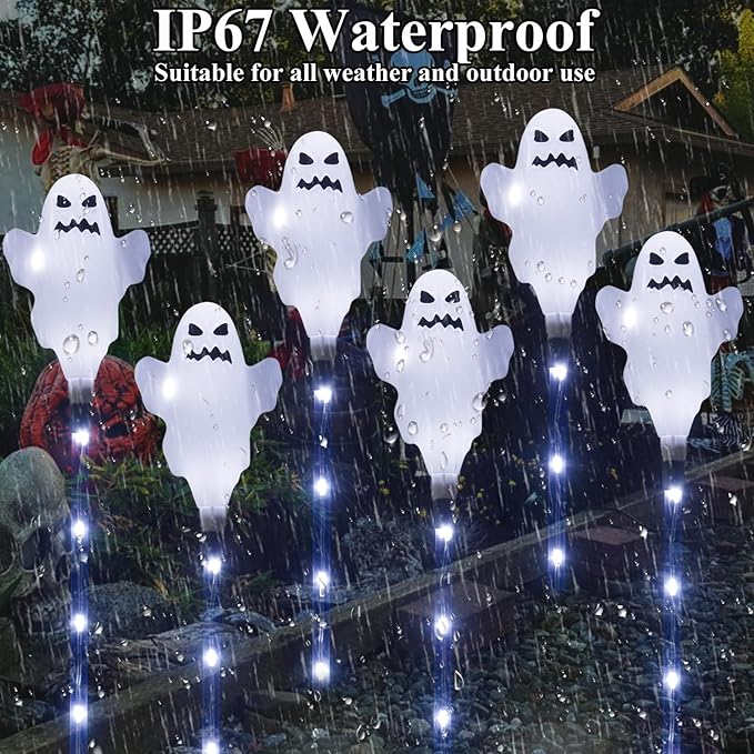 6 Pack Solar Halloween Ghosts Outdoor Decorations, Solar Halloween Lights Outdoor Waterproof, Pathway Lights for Outside Garden Patio Yard Lawn Party Walkway Grave Ghost Decor