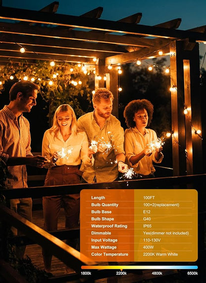 Brightown Outdoor String Lights, 100FT 100+2 G40 Bulbs Shatterproof Patio Lights, IP65 Waterproof Dimmable Hanging Connectable Globe LED Outdoor Lights for Backyard, Bistro, Porch, Deck, Balcony