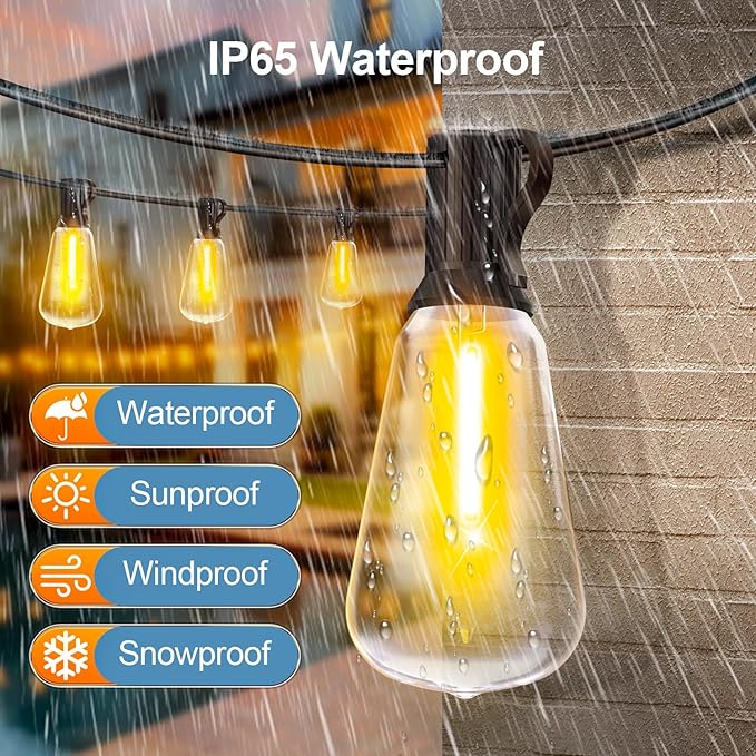 Outdoor String Lights, 50ft Waterproof ST38 Shatterproof Bulb Patio Lights, Backyard & Gazebo Hanging Lights