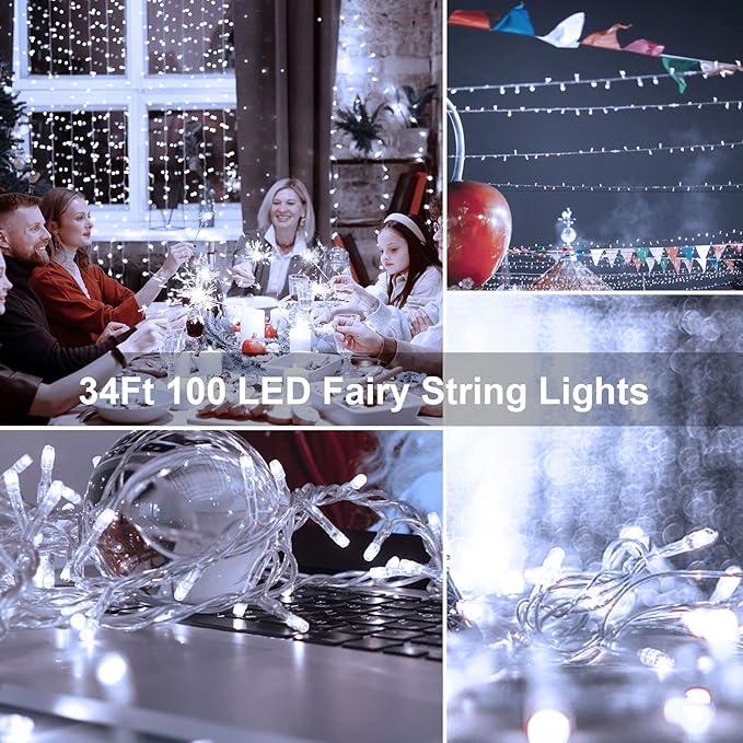 echosari LED String Lights, 100 LED Battery Operated Fairy Lights with Remote Dimmable Timer 8 Modes Christmas Lights for Outdoor Indoor Backyard Room Decoration (Cool White)
