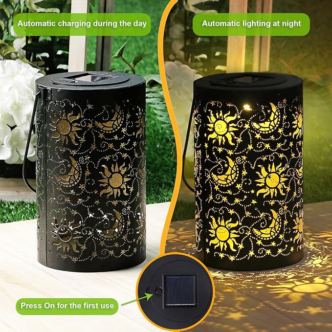 Outdoor Solar Lanterns Garden Decor Hanging Solar Lantern Lights Waterproof Metal Garden Lantern with Sun Star Moon Decorative Yard Lantern Decor as Gift for Women