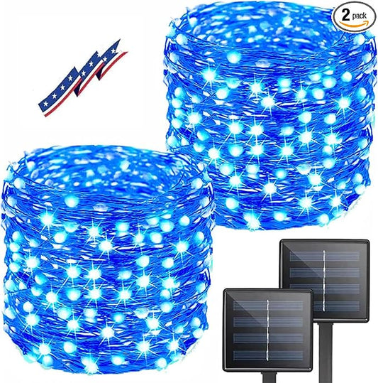 Blue Solar String Lights Outdoor, 2 Pack Total 80FT 200 LED Solar Twinkle Lights for Outside, Waterproof Copper Wire 8 Modes Fairy Light for Garden Tree Party Birthday Patio Christmas Decorations