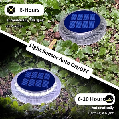 Solar Deck Lights Outdoor Waterproof, 6 Pack White Round Deck Lights Solar Powered, Flat Stick on Ground Disc Light for Outdoor Pathway Driveway Step Yard Dock Walkway Patio