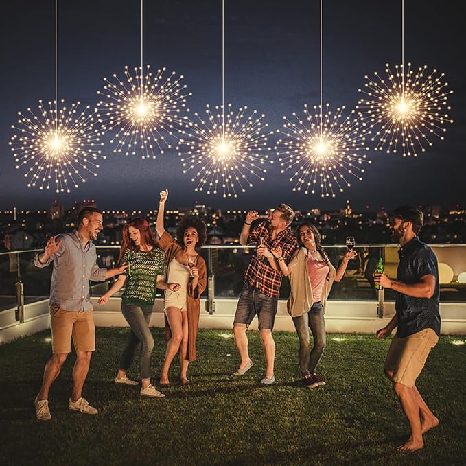 200 LED Starburst Sphere Lights,Firework Light Battery Powered, Tent Chandelier Remote Control, Waterproof Hanging Lights for Gardens Courtyards Porches Christmas Party Home Decor（Warm White）