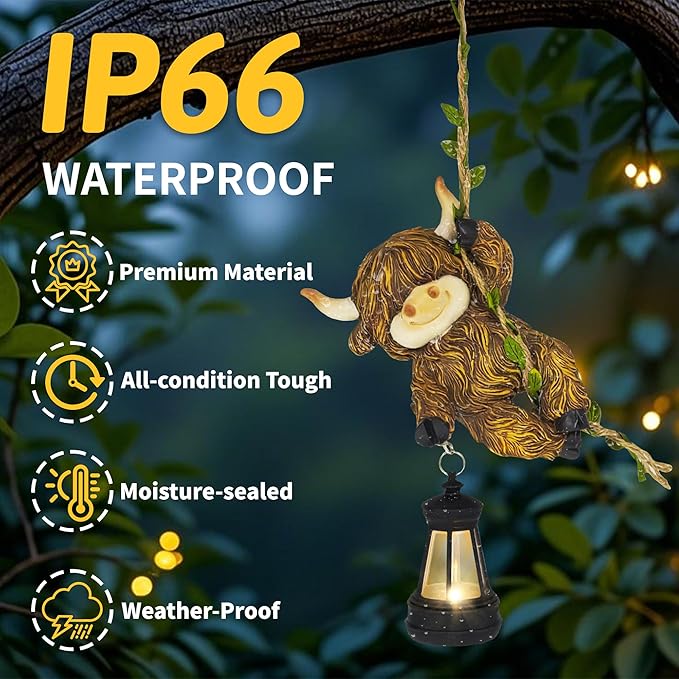 Hanging Christmas Highland Cow Decor: Garden Cow Statues with Solar Lantern Tree Decorations for Outdoor Yard Lawn Patio Porch Ideal Gardening Gifts for Mom Grandma Women