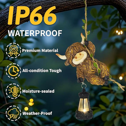 Hanging Christmas Highland Cow Decor: Garden Cow Statues with Solar Lantern Tree Decorations for Outdoor Yard Lawn Patio Porch Ideal Gardening Gifts for Mom Grandma Women