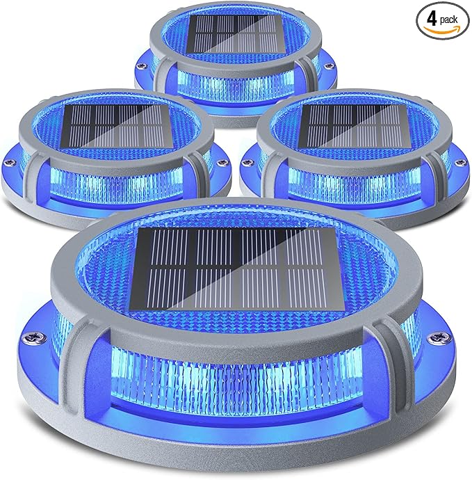 SIEDiNLAR Solar Deck Lights Outdoor 2 Modes 16 LEDs Driveway Markers Dock Light Solar Powered Waterproof for Ground Step Stair Pathway Walkway Garden Yard Road 4 Pack (Blue/Red)