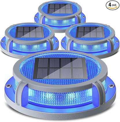 SIEDiNLAR Solar Deck Lights Outdoor 2 Modes 16 LEDs Driveway Markers Dock Light Solar Powered Waterproof for Ground Step Stair Pathway Walkway Garden Yard Road 4 Pack (Blue/Red)