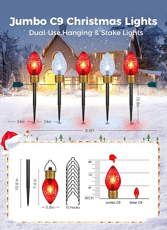 Moonflor Strawberry Jumbo C9 Christmas Pathway Lights Outdoor - 8.5FT 5 LED C9 Walkway Light, Christma Decoration Outside, Christmas Lights Outdoor for Lawn Holiday Yard, Red & Pure White