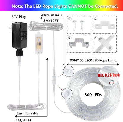 100FT 300LED Rope Lights Outdoor String Lights Plug in, Warm White & Color Changing Christmas Lights Outdoor,Waterproof Fairy Lights with Remote for Balcony(Not Connectable)
