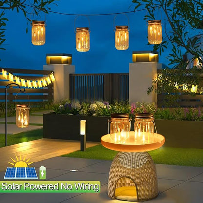 Solar Mason Jar Fairy String Lights,4-Pack(Plastic Mason Jars Include) Solar Powered Glass Outdoor Hanging Lamps Lighting,Waterproof LED Flame Dancing Lights for Garden Patio
