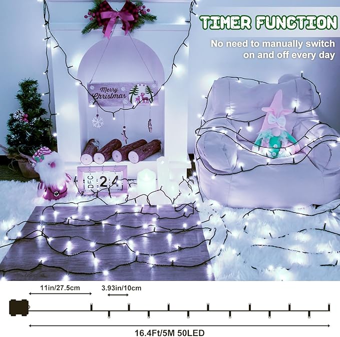 White Christmas Lights Outdoor Battery Operated String Lights Total 100LED 33Ft with Timer 8 Modes 16.4Ft*2 Waterproof Outdoor Indoor for Christmas Decor, Cold White, 2-Pack