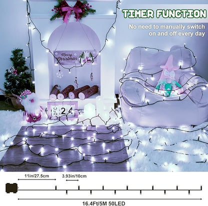 White Christmas Lights Outdoor Battery Operated String Lights Total 100LED 33Ft with Timer 8 Modes 16.4Ft*2 Waterproof Outdoor Indoor for Christmas Decor, Cold White, 2-Pack