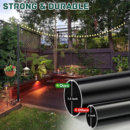 String Light Poles 2 Pack, 10FT Patio Light Poles for String Lights Metal Post Pole with Hooks to Hang Outdoor String Lights, Plant Baskets, Bird Feeder