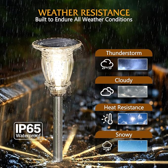 Solar Pathway Lights Outdoor 6 Pcs, Warm White Incandescent Solar Garden Lights, 17.5" Waterproof & Solar Powered Outdoor Lights, Glass and Stainless Steel Tungsten Walkway Light, Driveway Lawns