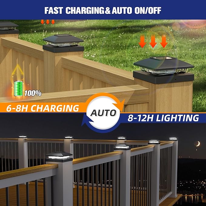 APONUO Solar Post Cap Lights for 4x4 Posts - IP64 Waterproof, 6500K LED, No-Wire Fence Lights & Deck Lights for Patio Garden Yard Patio, Black-Cool White, 12 Pack