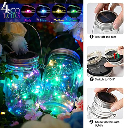 SunKite Solar Mason Jar Lights, 8 Pack 15 LED Waterproof Fairy Firefly Jar Lids String Lights with Hangers(NO Jars), Patio Yard Garden Wedding Easter Decoration - Multicolor