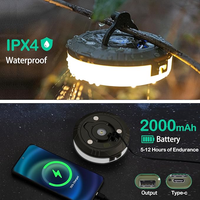 Camping String Lights, 4 in 1 Outdoor Camping Lantern with 8 Lighting Modes(32.8Ft), Quick 30s Recovery, Waterproof, Type-C Fast Charging, Portable Lights for Camping/Yard/Hiking