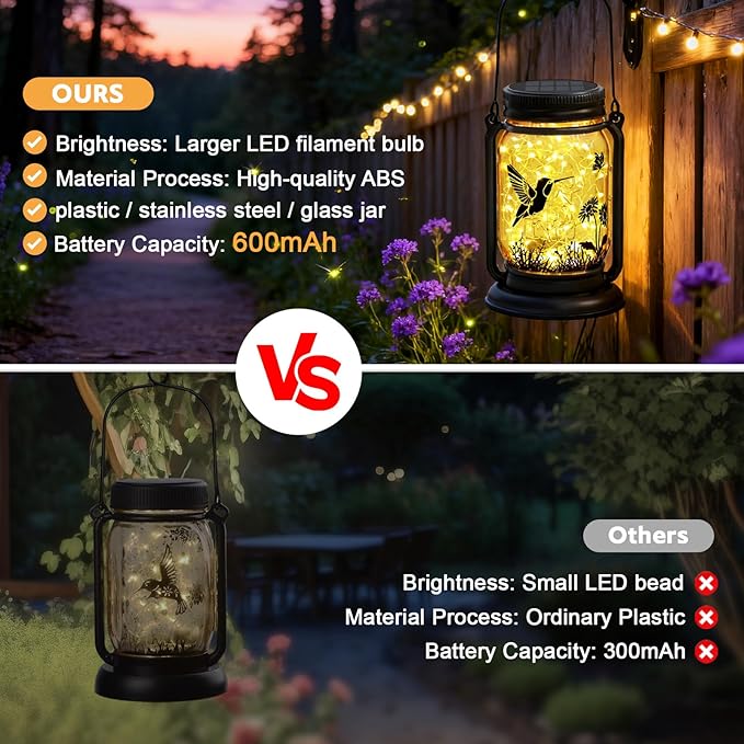 2 Pack Hummingbird Solar Lantern Outdoor Garden Decor,Birthday Gifts for Women Mom Grandma, Waterproof Hanging Vintage Glass Mason Jar Outside for Yard,Patio, Backyard,Porch,Tree, Pathway