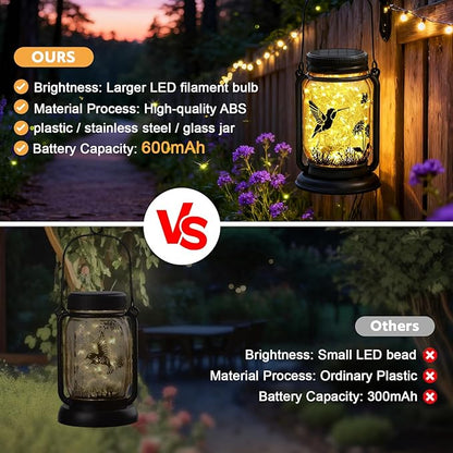 2 Pack Hummingbird Solar Lantern Outdoor Garden Decor,Birthday Gifts for Women Mom Grandma, Waterproof Hanging Vintage Glass Mason Jar Outside for Yard,Patio, Backyard,Porch,Tree, Pathway