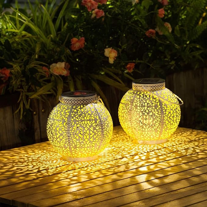 TAKE ME 2 Packs Solar Lanterns Lights Outdoor Waterproof Garden Laterns Metal Retro Lights for Christmas Gifts Mom Wife Grandma Birthday Gifts (White Set of 2)