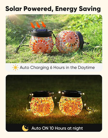 Mosaic Solar Lights Outdoor 2 Pack, Solar Hanging Lanterns Christmas Halloween Gifts for Women Mom Grandma, Waterproof Glass Globe Lights, Garden Patio Decor for Yard, Tree, Balcony, Warm
