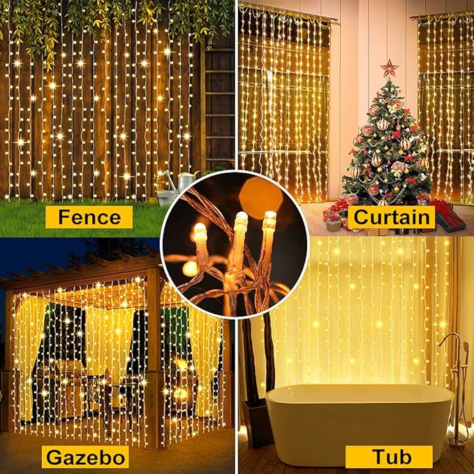 Upgraded Solar Curtain Lights Outdoor Garden Fairy String Lights 300 LED 8 Modes Remote Control Waterproof Waterfall Lights for Gazebo Patio Party Festival Wedding Christmas Decorations(Warm)