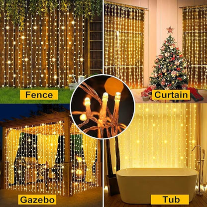 Upgraded Solar Curtain Lights Outdoor Garden Fairy String Lights 300 LED 8 Modes Remote Control Waterproof Waterfall Lights for Gazebo Patio Party Festival Wedding Christmas Decorations(Warm)
